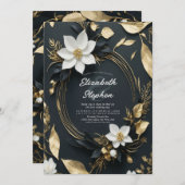 エレガント白黒金ゴールドフローラ結婚リース 招待状 (正面/裏面)