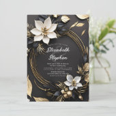 エレガント白黒金ゴールドフローラ結婚リース 招待状 (スタンド正面)