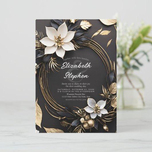 エレガント白黒金ゴールドフローラ結婚リース 招待状 (スタンド正面)