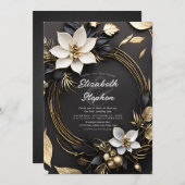 エレガント白黒金ゴールドフローラ結婚リース 招待状 (正面/裏面)