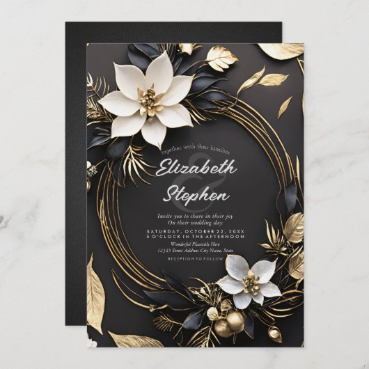 エレガント白黒金ゴールドフローラ結婚リース 招待状 (正面/裏面)
