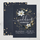 エレガント白黒金ゴールドフローラ結婚リース 招待状 (正面/裏面)