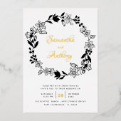 エレガント白黒金ゴールドフローラ結婚リース 箔招待状 (正面)