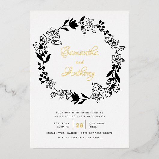 エレガント白黒金ゴールドフローラ結婚リース 箔招待状 (正面)