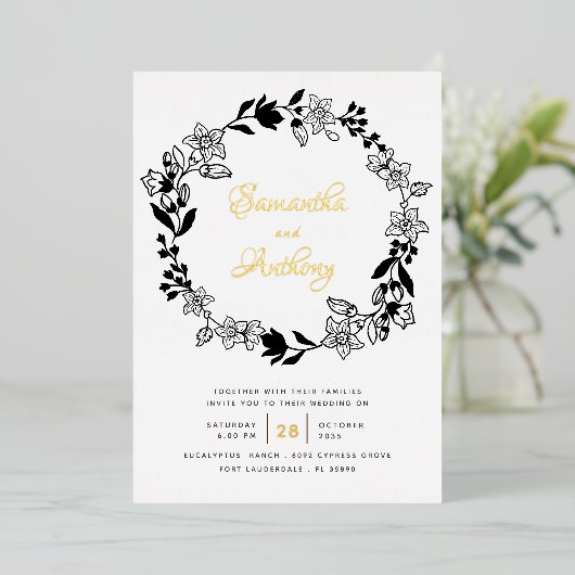 エレガント白黒金ゴールドフローラ結婚リース 箔招待状 (立ち正面)