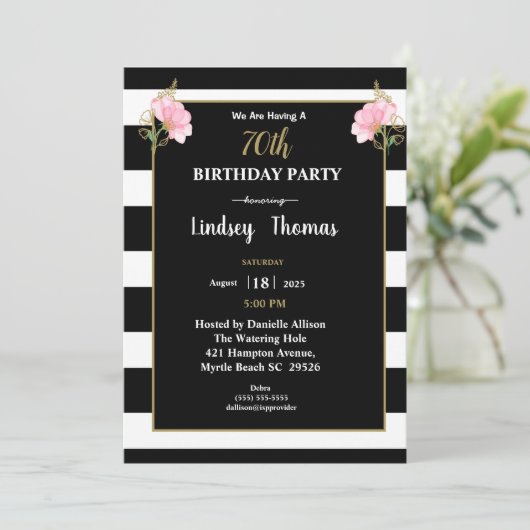 エレガント白黒金ゴールドフローラ70誕生日 招待状 (スタンド正面)