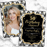 エレガント白黒金ゴールド写真50誕生日 招待状<br><div class="desc">エレガントフローラ50歳の誕生日の招待状とカードの後ろの写真。グラム白黒デザインとフェイクグリッター金ゴールド。黒と白のダマスクパターン、スクリプトフォント、および紙吹雪を備えている。大人スタイリッシュのお祝いパーティーに最適。独自の詳細でパーソナライズどんなカスタマイズ年でもいい！印刷されたZazzle招待状または即時ダウンロードのデジタル印刷可能なテンプレート。</div>