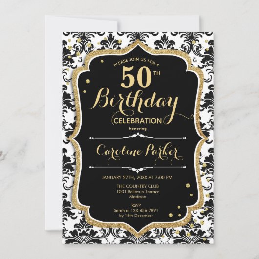 エレガント白黒金ゴールド写真50誕生日 招待状 (正面)