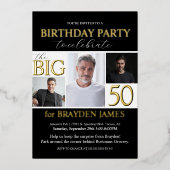 エレガント白黒金ゴールド50番目の誕生日招待状 箔招待状 (正面)