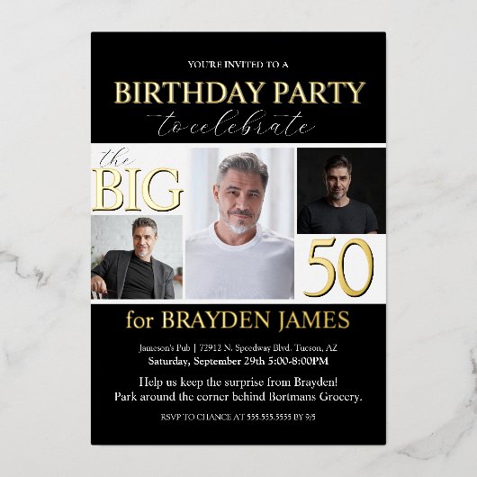 エレガント白黒金ゴールド50番目の誕生日招待状 箔招待状 (正面)