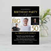 エレガント白黒金ゴールド50番目の誕生日招待状 箔招待状 (立ち正面)