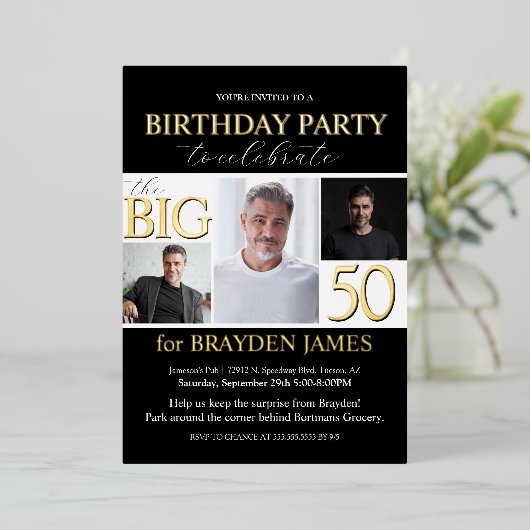 エレガント白黒金ゴールド50番目の誕生日招待状 箔招待状 (立ち正面)