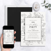 エレガント白黒60th誕生日フローララインアート 招待状