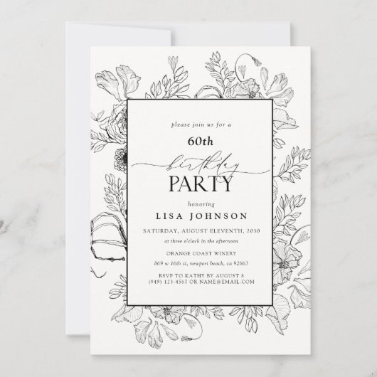 エレガント白黒60th誕生日フローララインアート 招待状 (正面)