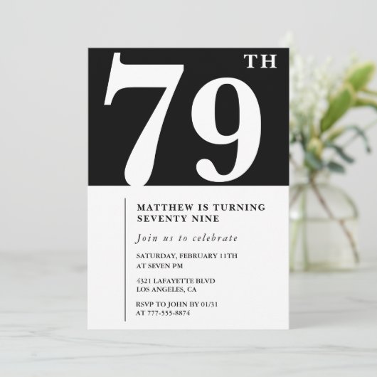 エレガント白黒79歳の誕生日の招待状 招待状 (スタンド正面)
