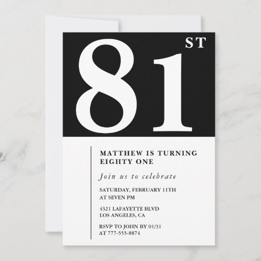 エレガント白黒81歳の誕生日の招待状 招待状 (正面)