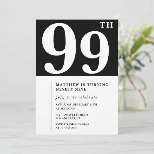 エレガント白黒99歳の誕生日の招待状 招待状 (スタンド正面)
