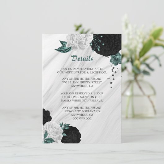 エレガント白黒&ティール(緑がかった色)花詳細囲み エンクロージャーカード (スタンド正面)