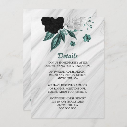 エレガント白黒&ティール（緑がかった色）花詳細 エンクロージャーカード (正面/裏面)