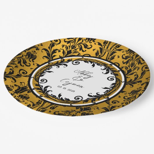 エレガント白黒&金ゴールドダマスウェディング ペーパープレート (アングル)