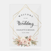 エレガント白、パステル、花、幾何学模様結婚 アクリルサイン (正面)