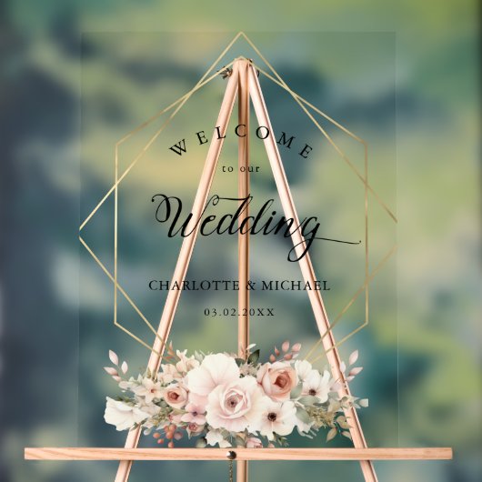 エレガント白、パステル、花、幾何学模様結婚 アクリルサイン (ニュートラル)