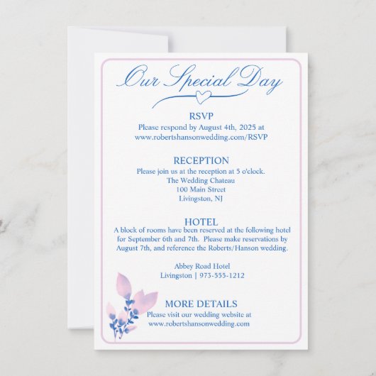 エレガント白、ピンク、青のフローラ結婚 招待状 (裏面)