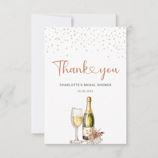 エレガント真珠とプロセッコブライダルシャワー サンキューカード (正面)