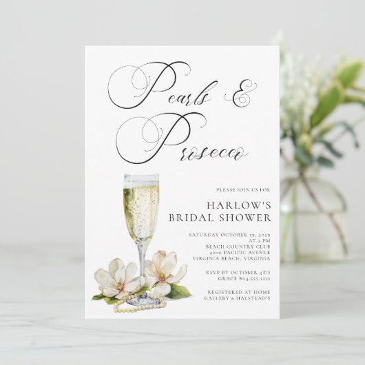 エレガント真珠とプロセッコブライダルシャワー 招待状 (スタンド正面)