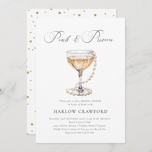 エレガント真珠とプロセッコブライダルシャワー 招待状 (正面/裏面)
