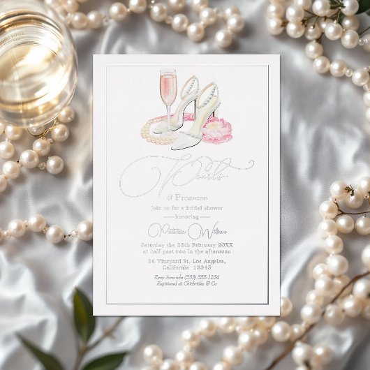 エレガント真珠とプロセッコブライダルシャワー 箔招待状
