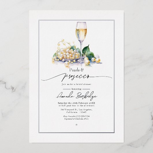 エレガント真珠とプロセッコブライダルシャワー 箔招待状 (正面)
