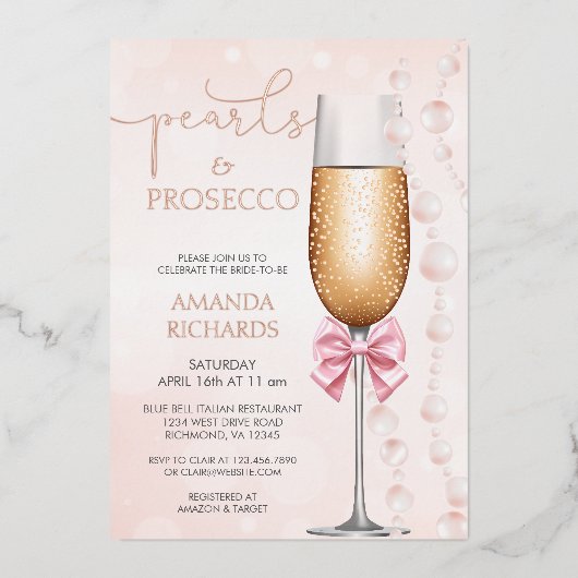 エレガント真珠とプロセッコブライダルシャワー 箔招待状 (正面)