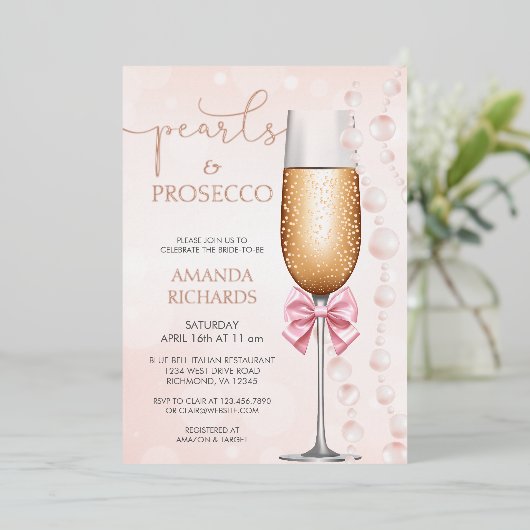 エレガント真珠とプロセッコブライダルシャワー 箔招待状 (立ち正面)