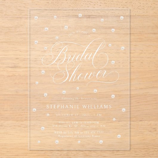 エレガント真珠ブライダルシャワー アクリル招待状 (正面)