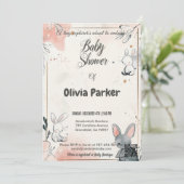 エレガント石板グレーと赤面ピンクの水色ベビー 招待状 (スタンド正面)