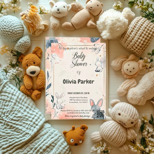 エレガント石板グレーと赤面ピンクの水色ベビー 招待状