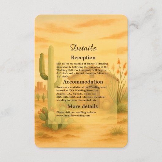 エレガント砂漠南西結婚の黄金の夕日 エンクロージャーカード (正面)