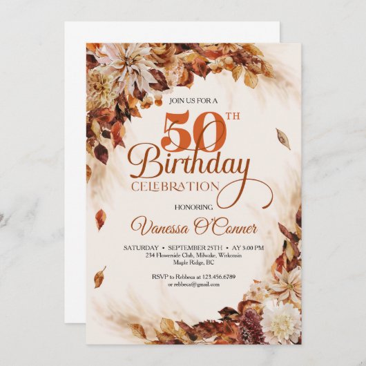 エレガント秋と秋のオレンジ色のフローラ葉 招待状 (正面/裏面)