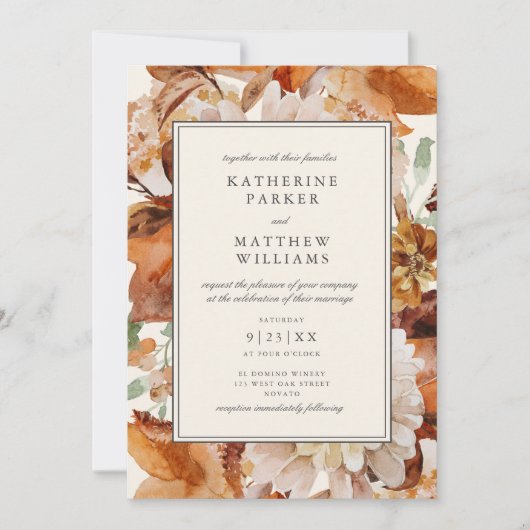 エレガント秋の水彩フローラフレ結婚ーム 招待状 (正面)