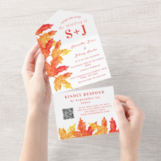 エレガント秋の水色オレンジ葉色式RSVP オールインワン招待状 (貼ってはがせる)