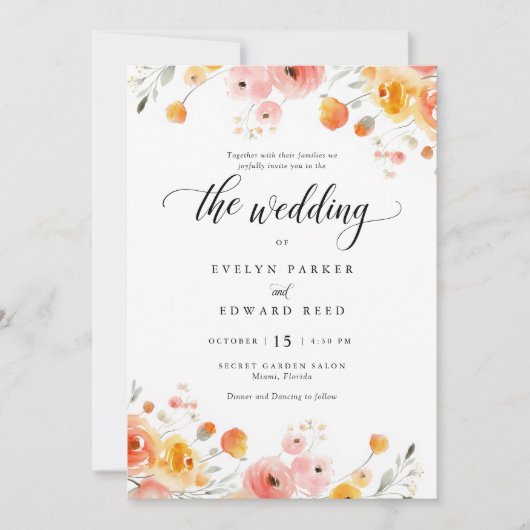 エレガント秋の結婚式水彩フローラ招待状 招待状 (正面)