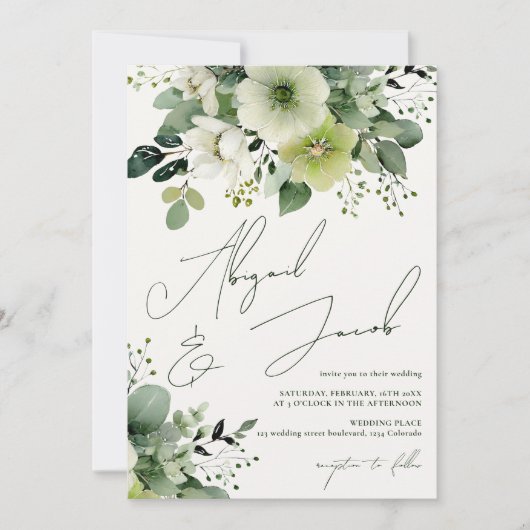 エレガント秋の緑のフローラが一つ一つ結婚に 招待状 (正面)