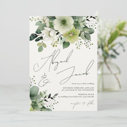 エレガント秋の緑のフローラが一つ一つ結婚に 招待状 (スタンド正面)