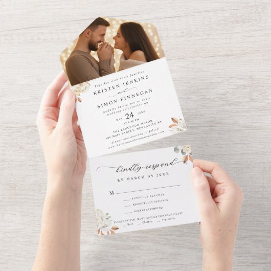 エレガント秋の花の台本結婚写真 オールインワン招待状 (貼ってはがせる)