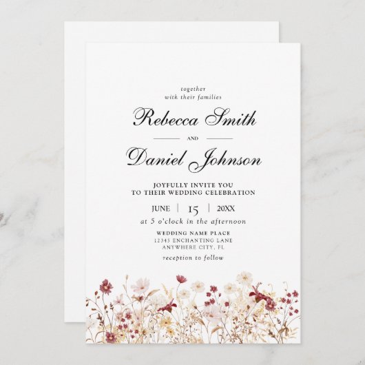 エレガント秋の野の花のフローラ結婚 招待状 (正面/裏面)