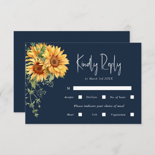 エレガント秋ひまわりフローラ&ネイビー結婚ズ 出欠カード (正面/裏面)