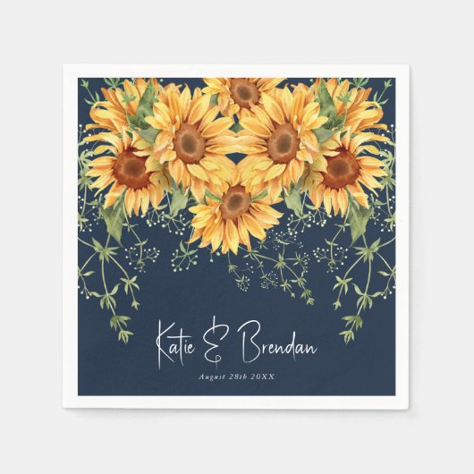 エレガント秋ひまわり花模様&ネイビー結婚ズ スタンダードカクテルナプキン (正面)