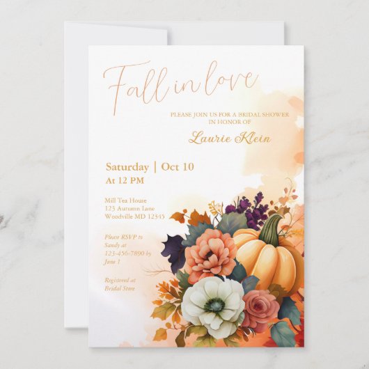 エレガント秋イエローウォーター色ブライダルシャワー 招待状 (正面)