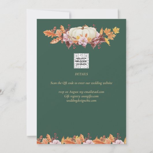 エレガント秋パンプキングリーン結婚金ゴールドの日付 招待状 (裏面)